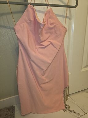 Fashion Nova Blush Pink Cowl Neck Mini Dress with Gold Chain Fringe